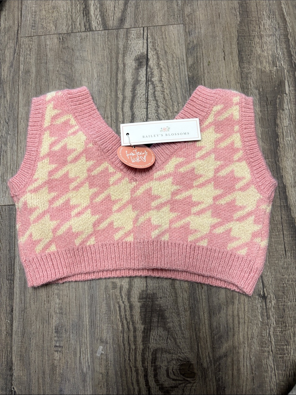Bailey's Blossoms Pink & Cream Houndstooth Knit Sweater Vest - Kids